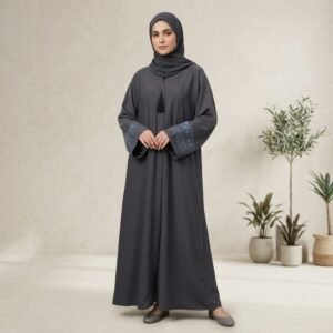Charcoal Grey Embroidered Cuff Abaya – Subtle Elegance & Timeless Modest Style