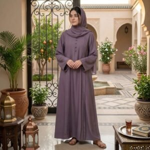 Dusty Mauve Front-Button Abaya – Soft Sophistication & Timeless Style