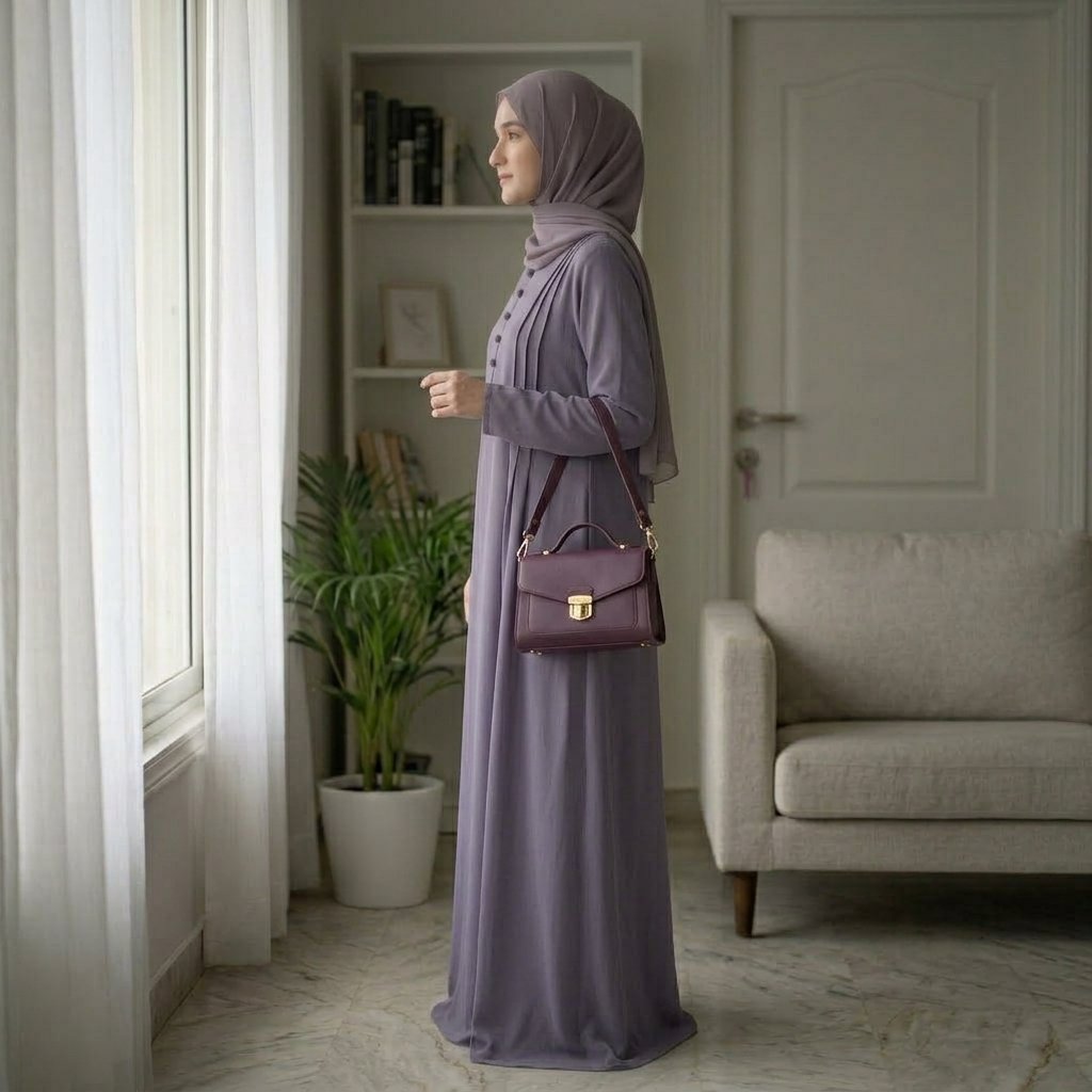 Dusty Mauve Front-Button Pleated Abaya – Soft Sophistication & Timeless Style - Image 2