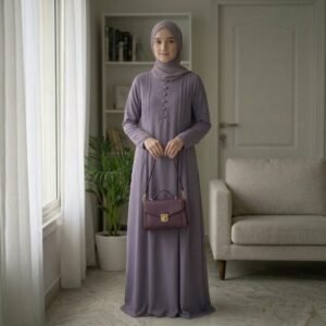 Dusty Mauve Front-Button Pleated Abaya – Soft Sophistication & Timeless Style