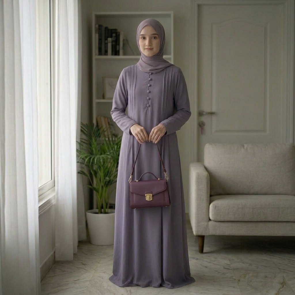 Dusty Mauve Front-Button Pleated Abaya – Soft Sophistication & Timeless Style