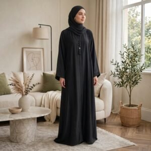 Elegant Black Pleated Tassel Abaya – Timeless Modest Elegance