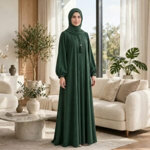 Emerald Green Pleated Abaya – Royal Charm & Effortless Sophistication