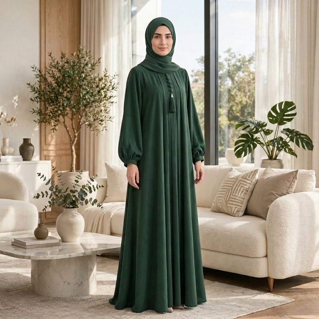 Emerald Green Pleated Abaya – Royal Charm & Effortless Sophistication