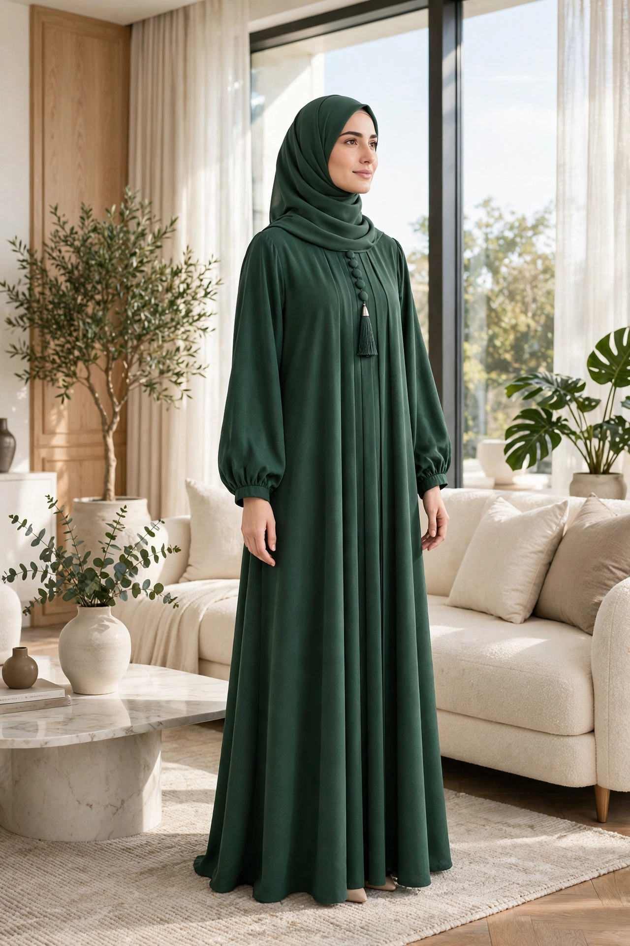 Emerald Green Pleated Abaya – Royal Charm & Effortless Sophistication - Image 2