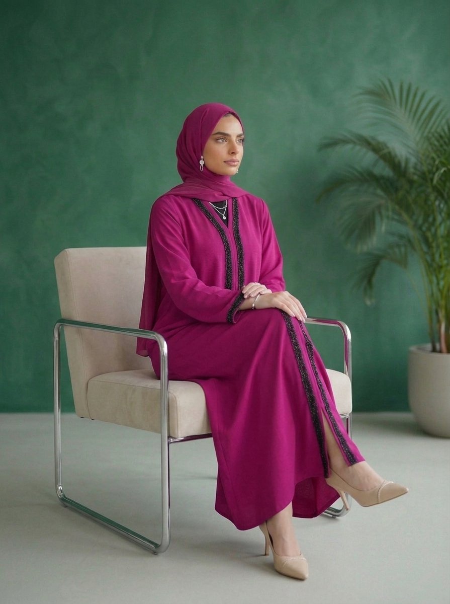 Vibrant Magenta Trimmed Abaya – Bold Elegance & Timeless Style - Image 2
