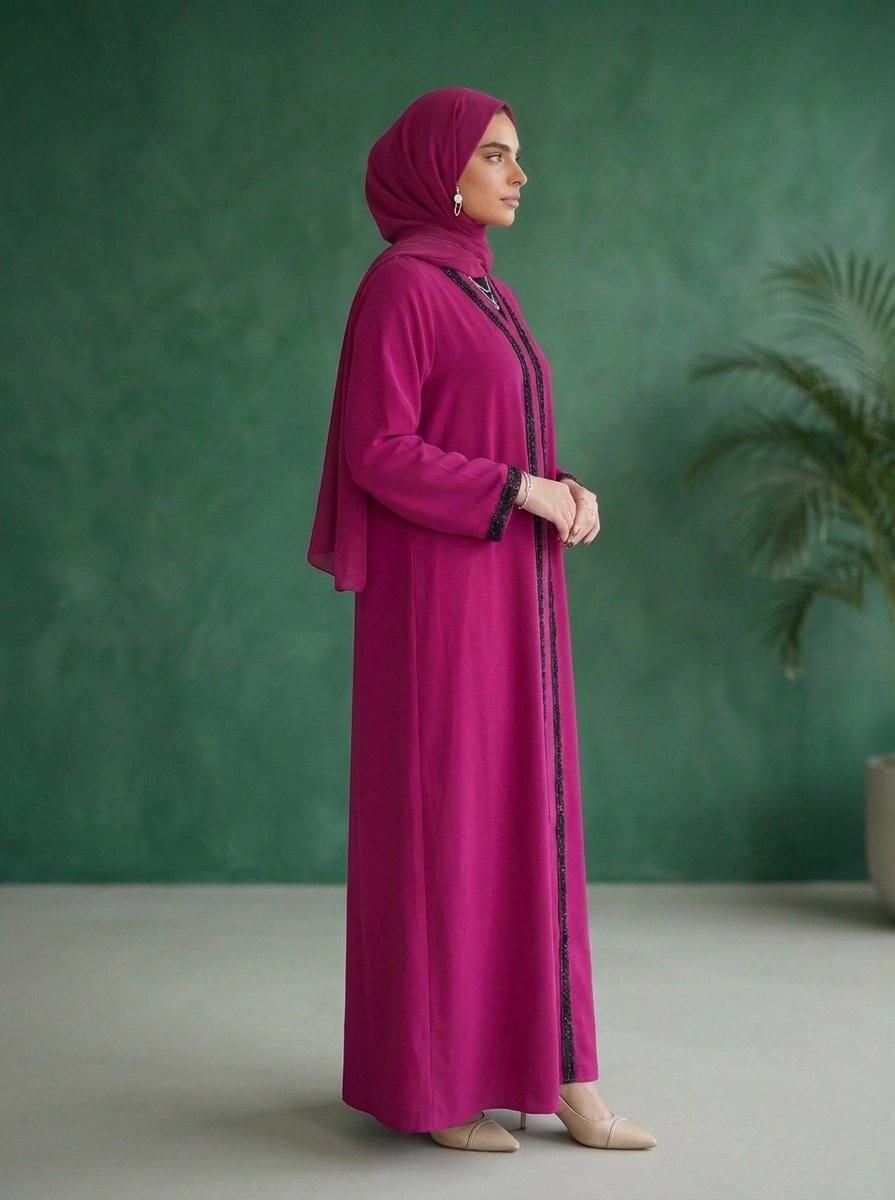 Vibrant Magenta Trimmed Abaya – Bold Elegance & Timeless Style - Image 3