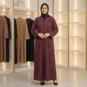 Maroon Leaf Motif Embroidered Abaya – Refined Luxury & Timeless Modesty
