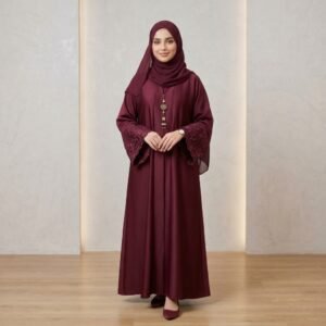 Plum Lace-Cuff Embroidered Abaya – Graceful Sophistication & Timeless Style