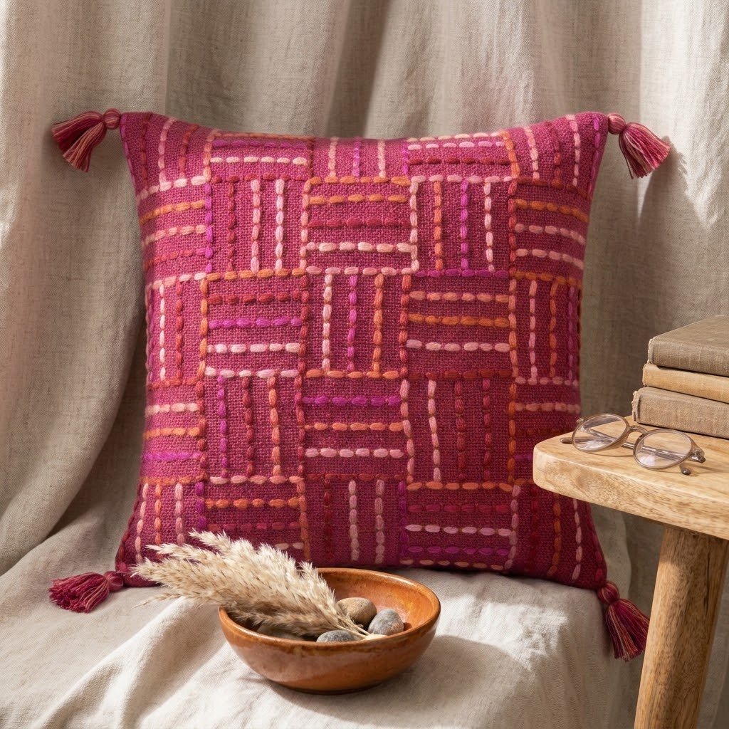 Black & Multi-Color Embroidered Tasseled Cushion Cover – Artisanal Vibrance & Modern Elegance - Image 3