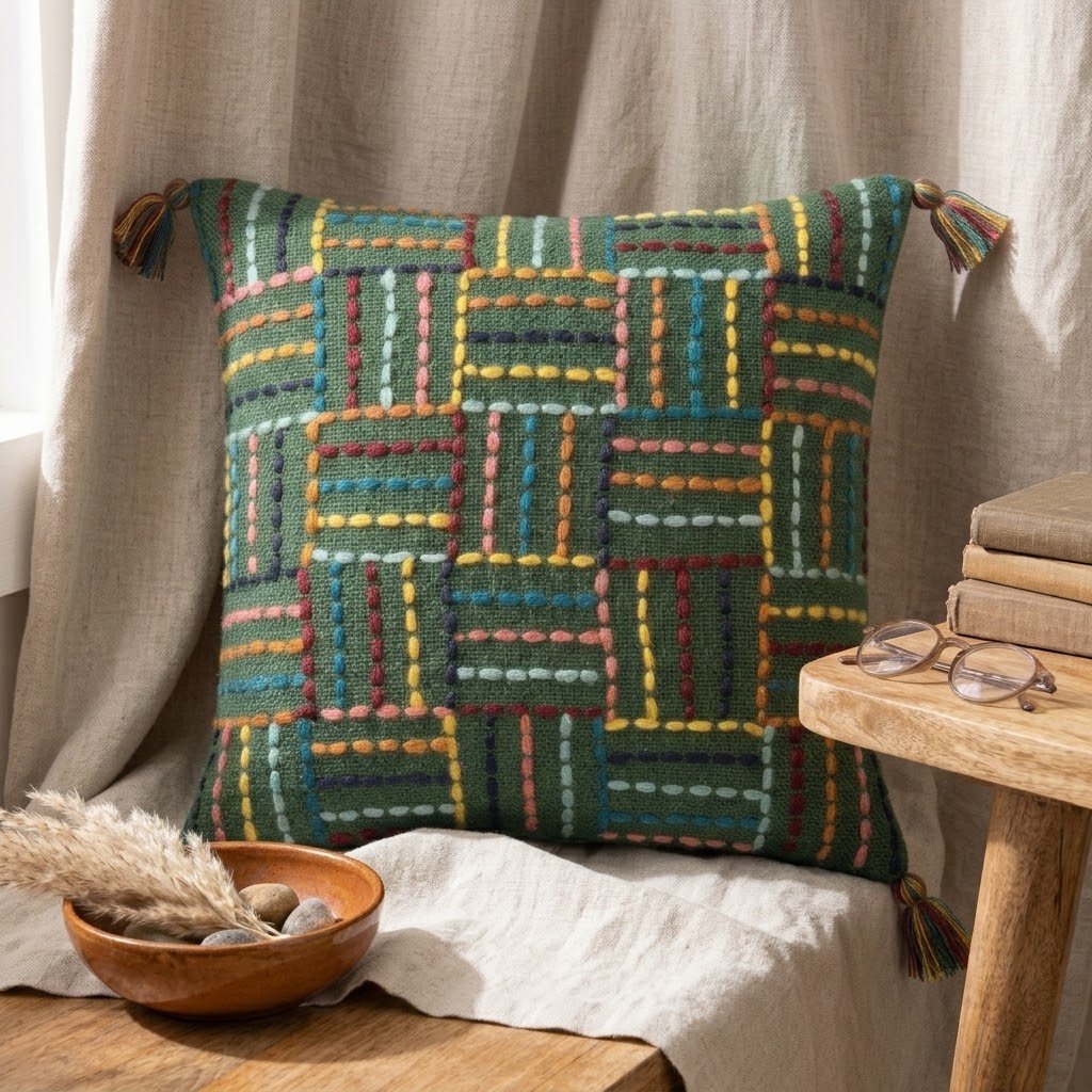 Black & Multi-Color Embroidered Tasseled Cushion Cover – Artisanal Vibrance & Modern Elegance - Image 5