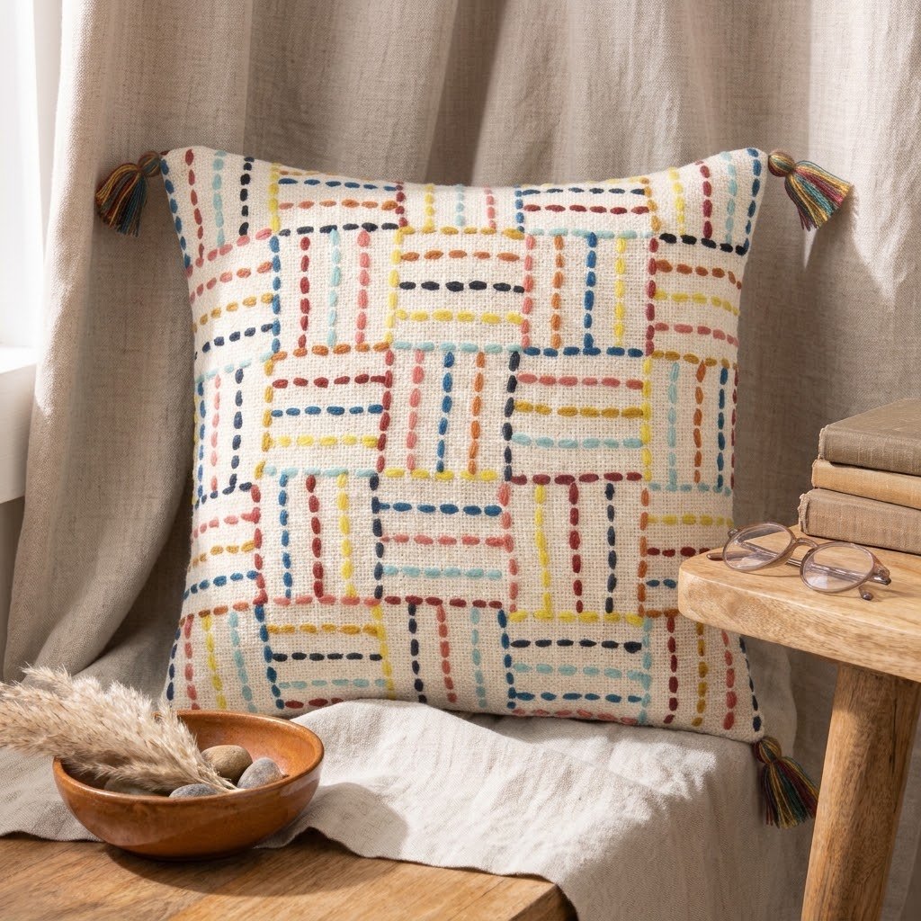 Black & Multi-Color Embroidered Tasseled Cushion Cover – Artisanal Vibrance & Modern Elegance - Image 6