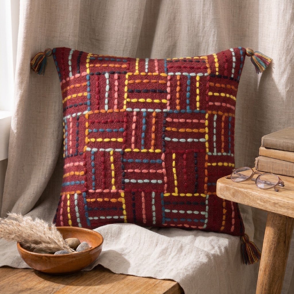 Black & Multi-Color Embroidered Tasseled Cushion Cover – Artisanal Vibrance & Modern Elegance - Image 7