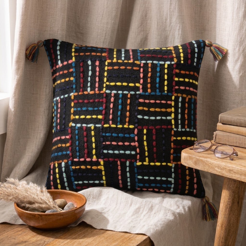 Black & Multi-Color Embroidered Tasseled Cushion Cover – Artisanal Vibrance & Modern Elegance