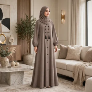 Taupe Grey Tassel & Button Abaya – Subtle Sophistication & Timeless Style