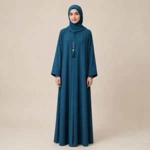 Teal Blue Tassel & Bead Abaya – Graceful Charm & Timeless Style