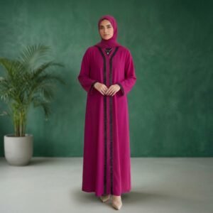 Vibrant Magenta Trimmed Abaya – Bold Elegance & Timeless Style