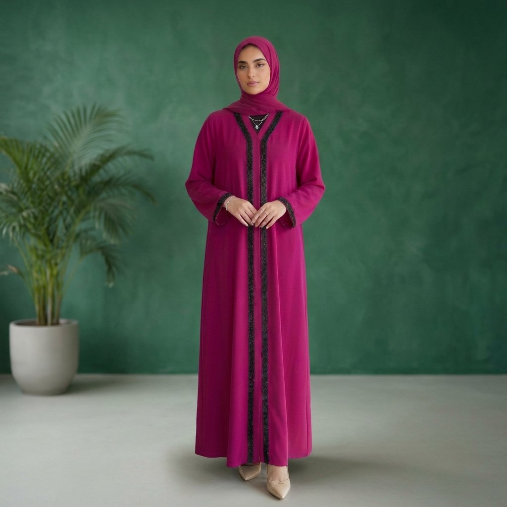 Vibrant Magenta Trimmed Abaya – Bold Elegance & Timeless Style