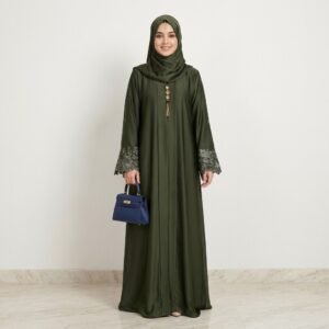 Olive Green Embroidered Cuff Abaya – Earthy Sophistication & Timeless Elegance