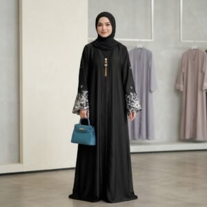 Black Embroidered Cuff Abaya – Soft Femininity & Timeless Grace